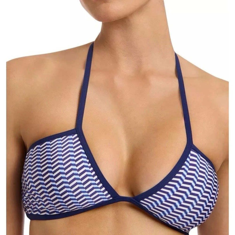 JETS Amoudi Plunge Halter Bikini Swim Top Sz 8 Gold Hardware Removable Pad Blue